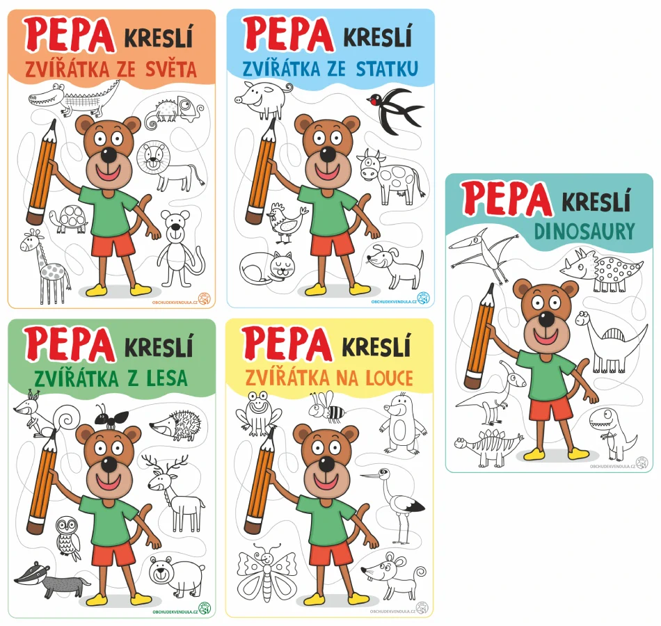 Balíček Pepa kreslí - 5x PDF ( Pepa kreslí zvířátka - z lesa, ze statku, ze světa, z louky, dinosaury ) - elektronická verze PDF